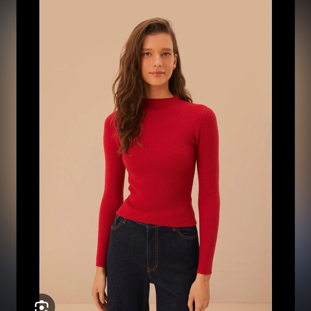 Farm Rio High Neck Long Sleeve Knit Blouse In Burgundy Size Small